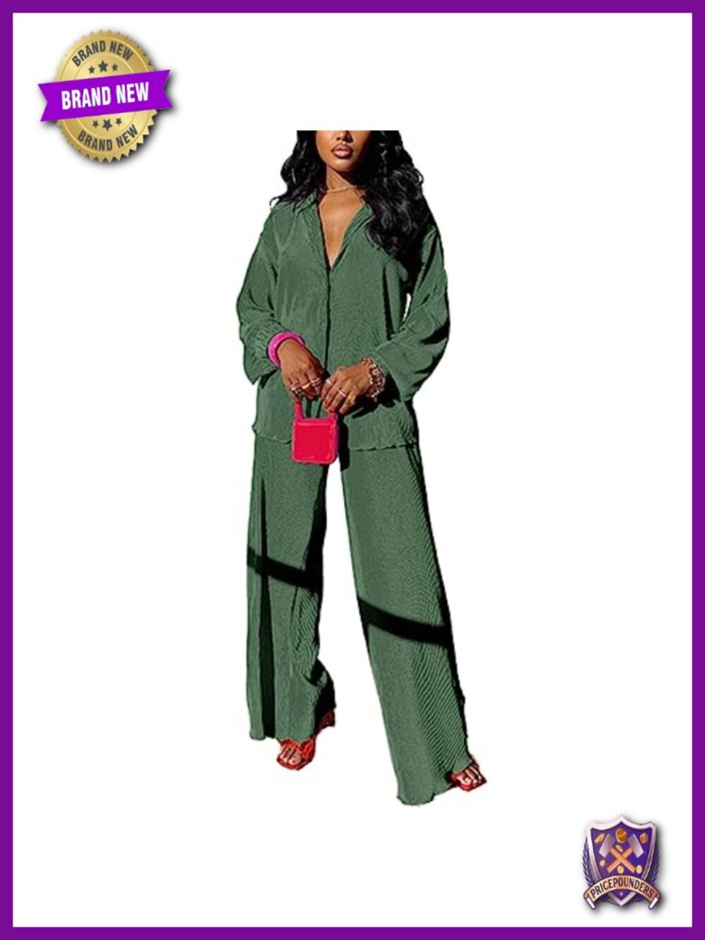 Women's 2 Piece Plisse Outfit Button Down Shirt Wide Leg Pants